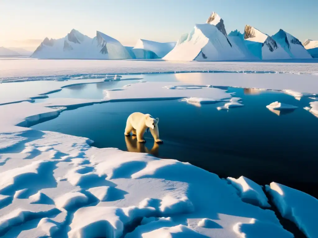 Un paisaje polar majestuoso con hielo, montañas y un oso polar, iluminado por la luz del sol