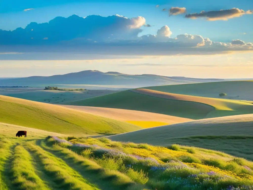 Un paisaje de pradera amplia y ondulante, salpicado de coloridas flores silvestres y animales pastando en la distancia