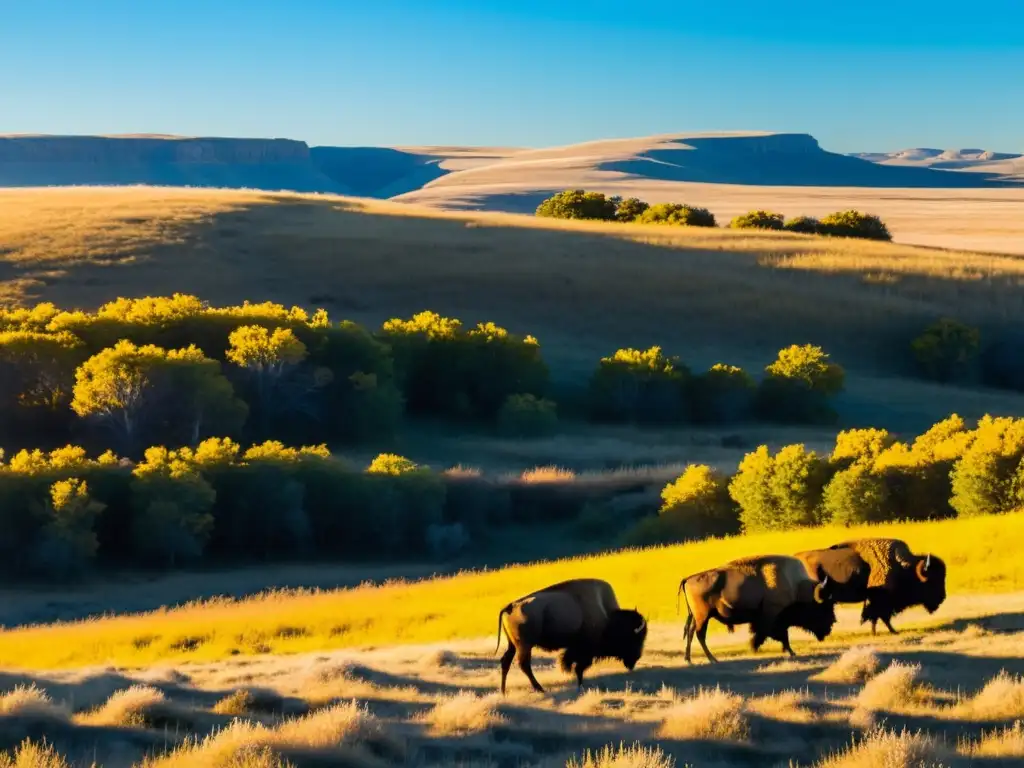 Un paisaje de pradera dorada con bisontes pastando, contrastando con una tormenta lejana