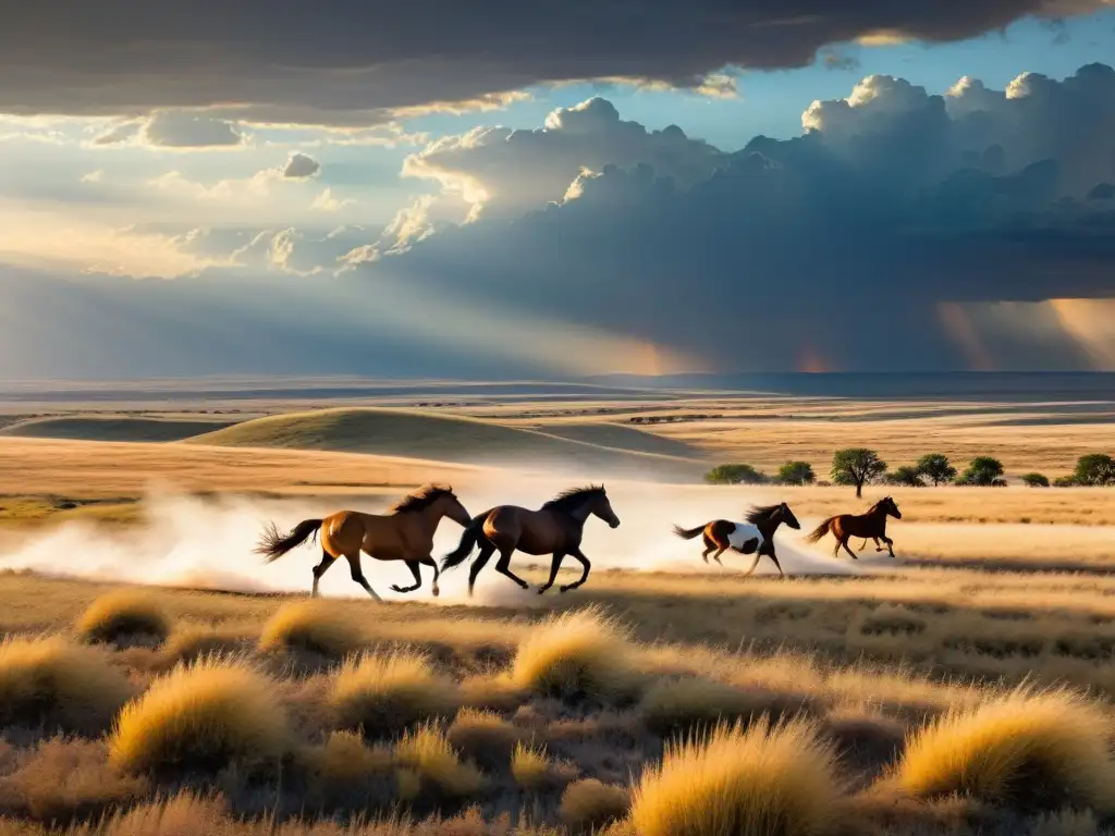 Un paisaje de pradera expansivo con caballos salvajes galopando bajo un cielo dramático