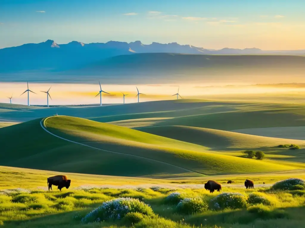 Un paisaje de pradera extensa, con búfalos y turbinas eólicas