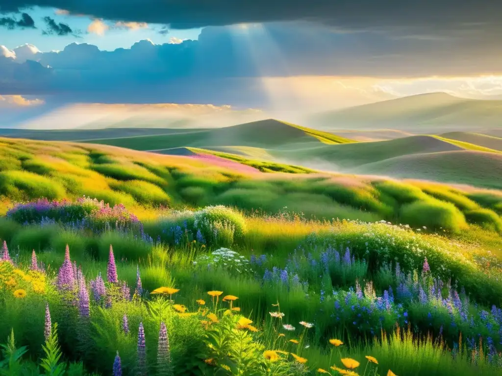 Un paisaje de pradera exuberante con colinas ondulantes, hierbas verdes vibrantes y flores silvestres coloridas