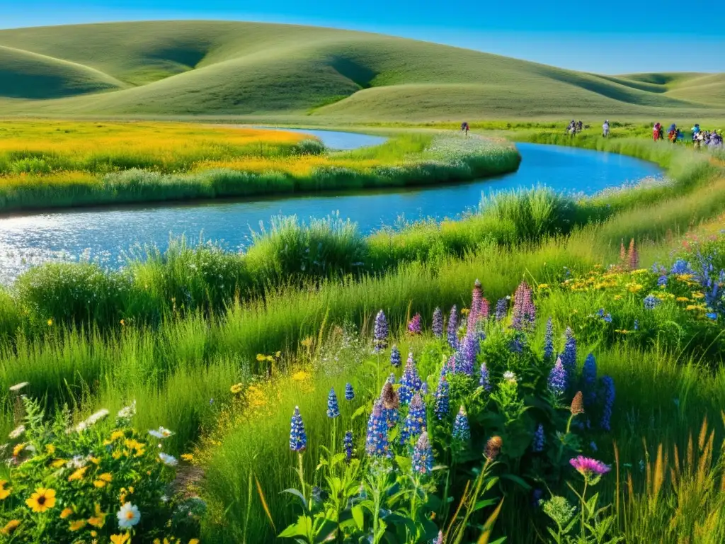 Un paisaje de pradera sostenible con ecoturistas disfrutando de la naturaleza