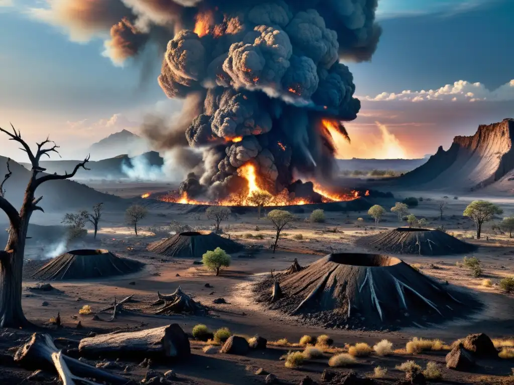 Un paisaje prehistórico impactante muestra el efecto de un meteorito en los ecosistemas antiguos, con árboles carbonizados y criaturas huyendo