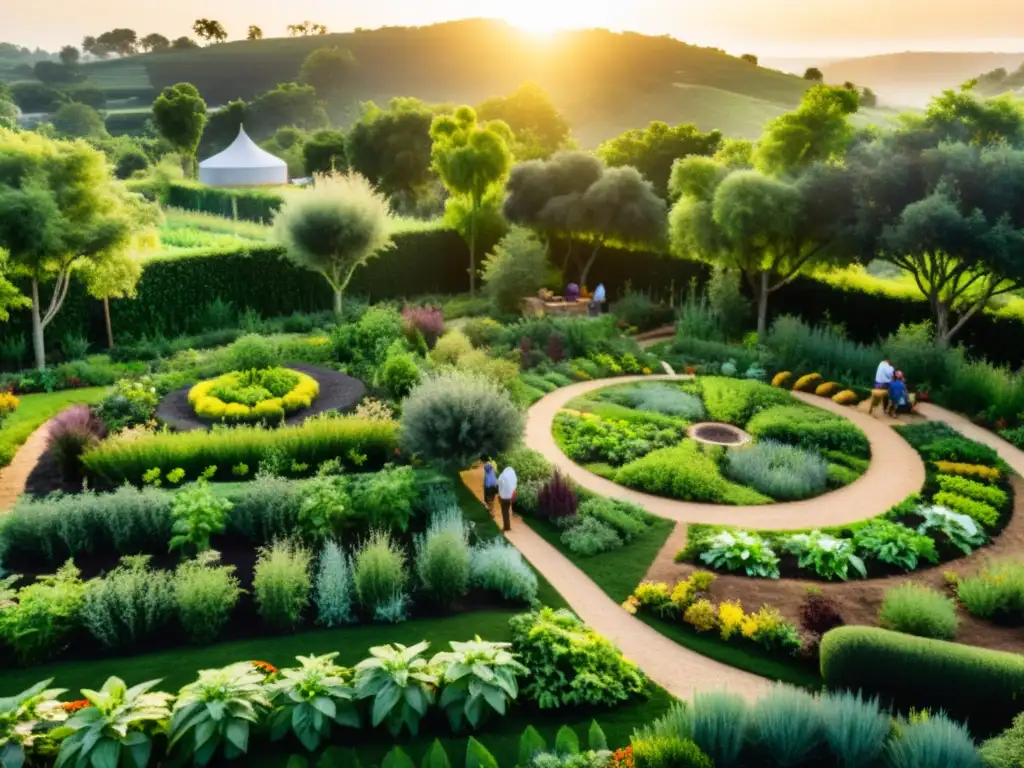 Un paisaje próspero de una finca de permacultura con camas de plantas diversas, árboles frutales y diseño sostenible