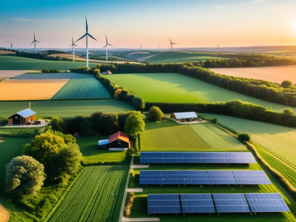 Un paisaje rural con energía renovable: paneles solares y turbinas eólicas en armonía con la naturaleza