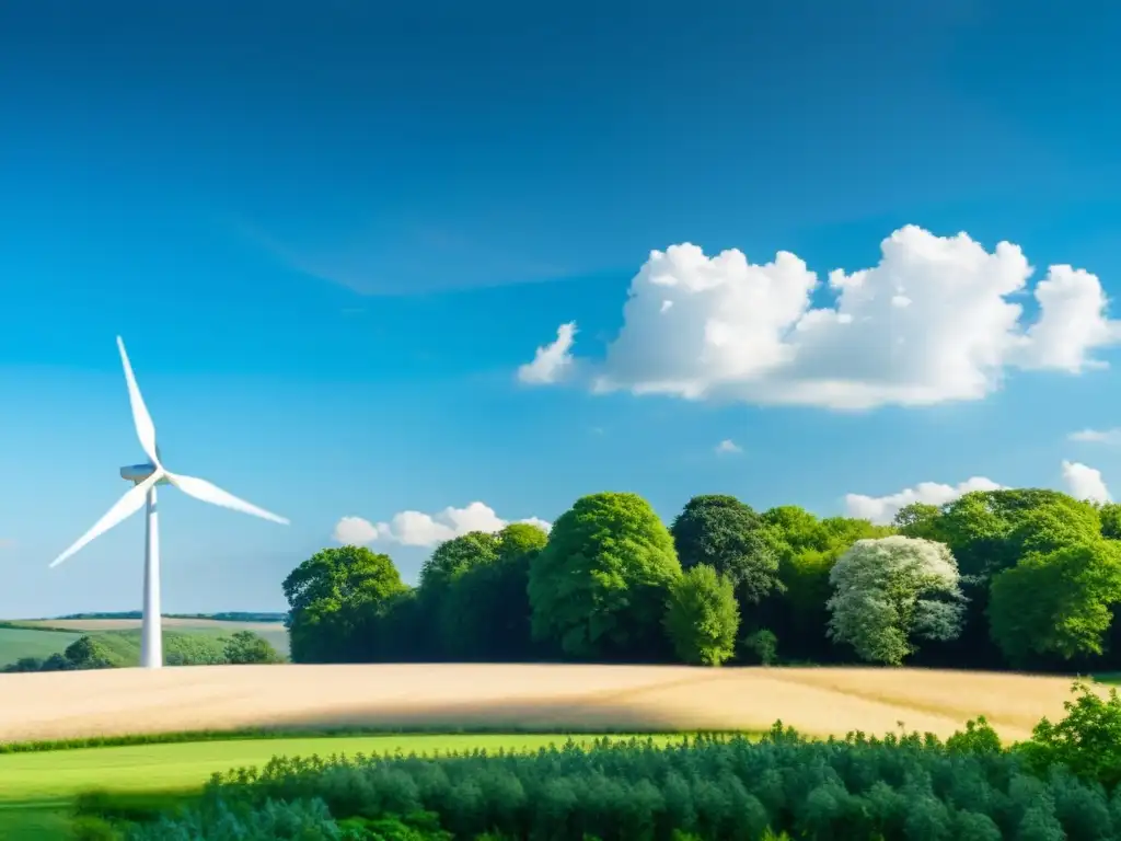 Un paisaje rural sereno con una pequeña casa rodeada de exuberante vegetación, destacando una compacta turbina eólica