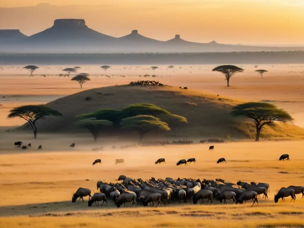 Un paisaje de sabana con una migración de ñus, resaltando el impacto del cambio climático en las migraciones animales