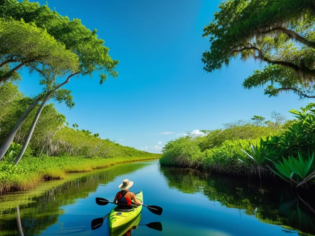 Un paisaje sereno de los Everglades con un kayakista disfrutando de la riqueza acuática y la conservación del ecosistema