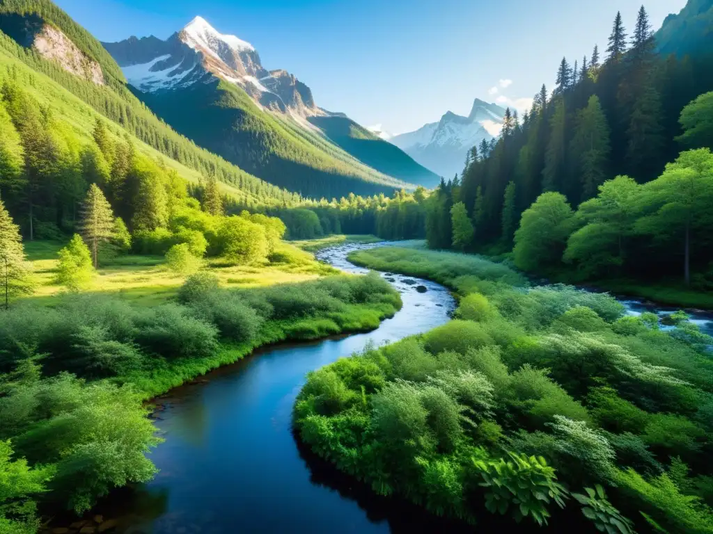 Un paisaje sereno y exuberante con un arroyo cristalino que serpentea a través de un frondoso bosque, mientras la luz del sol filtra a través del dosel, proyectando sombras moteadas en el suelo del bosque