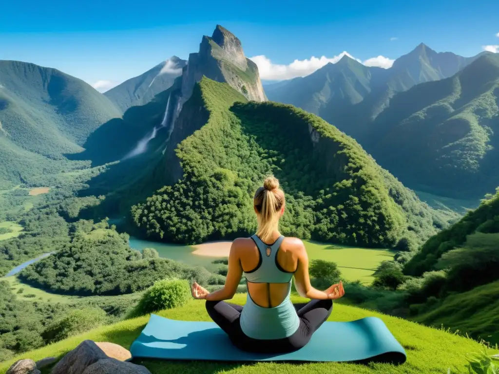 Un paisaje de montaña sereno con practicante de yoga disfrutando los beneficios del yoga en ecosistemas de montaña