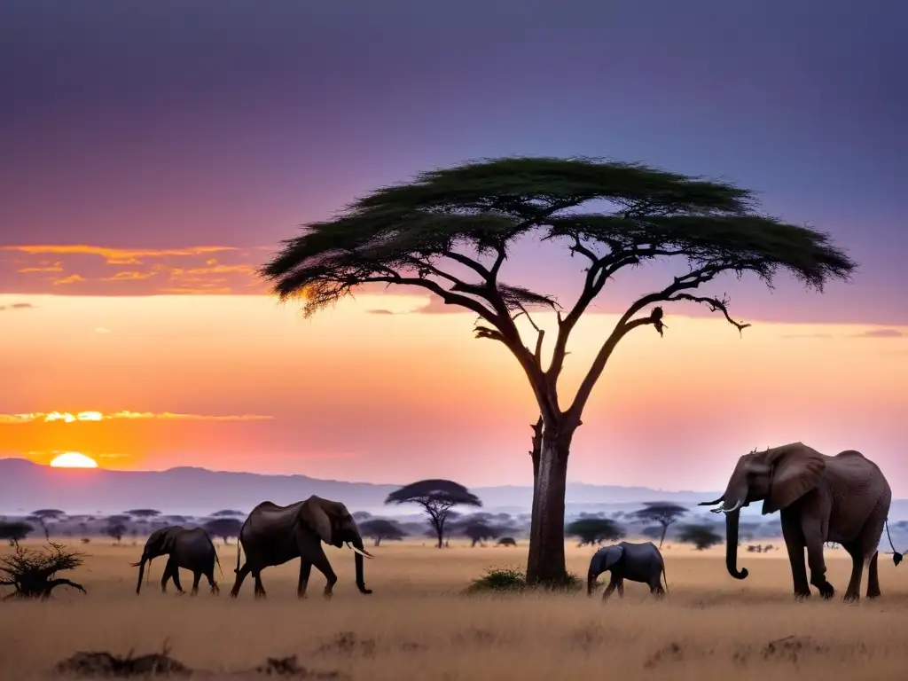 Un paisaje sereno del Serengeti al atardecer, con jirafas y elefantes, evocando safaris ecológicos en el Serengeti