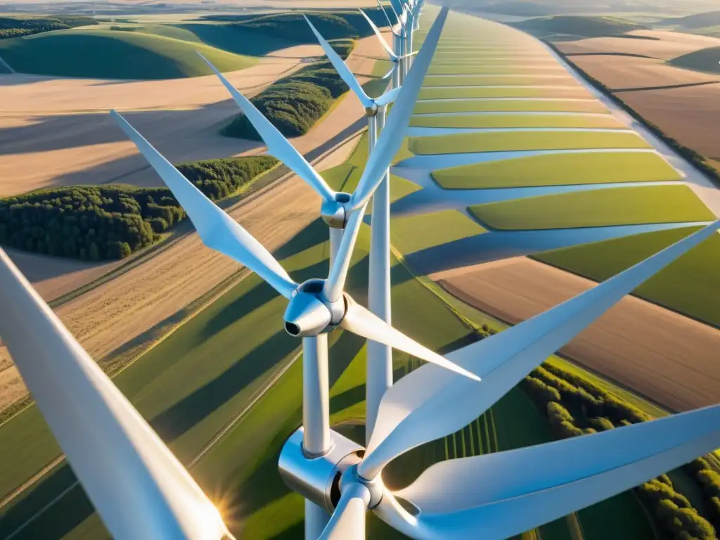 Un paisaje soleado muestra una moderna serie de turbinas eólicas en un campo