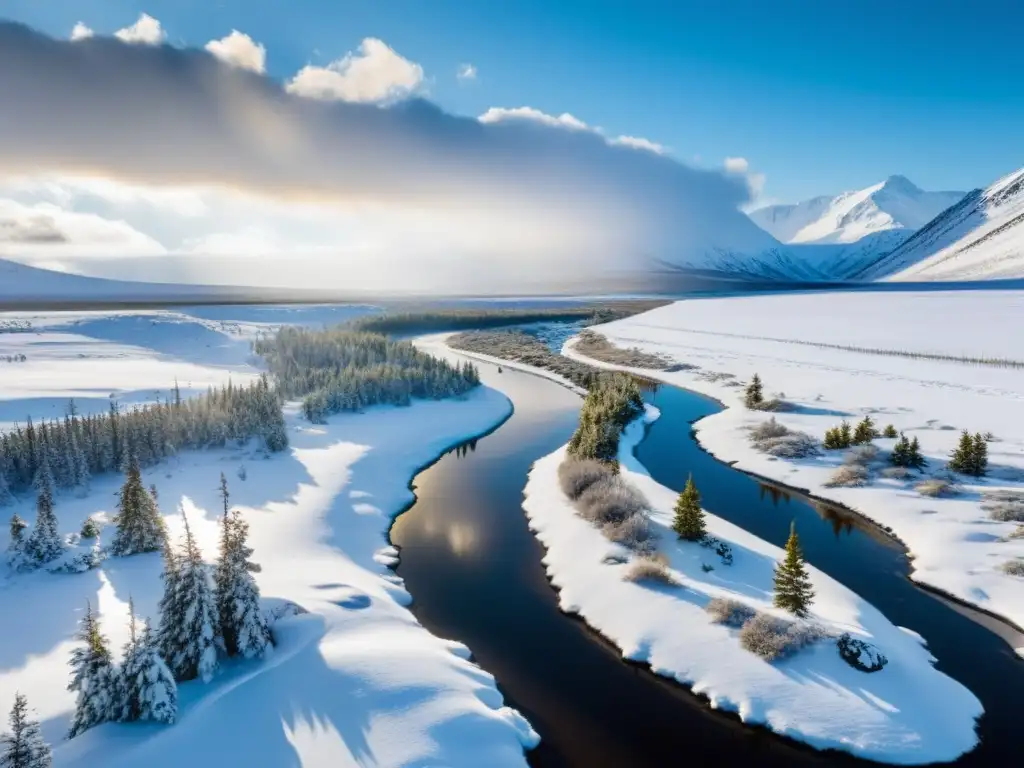 Un paisaje sonoro de tundra y taiga se fusiona en el horizonte, con un vasto terreno nevado salpicado de arbustos y árboles