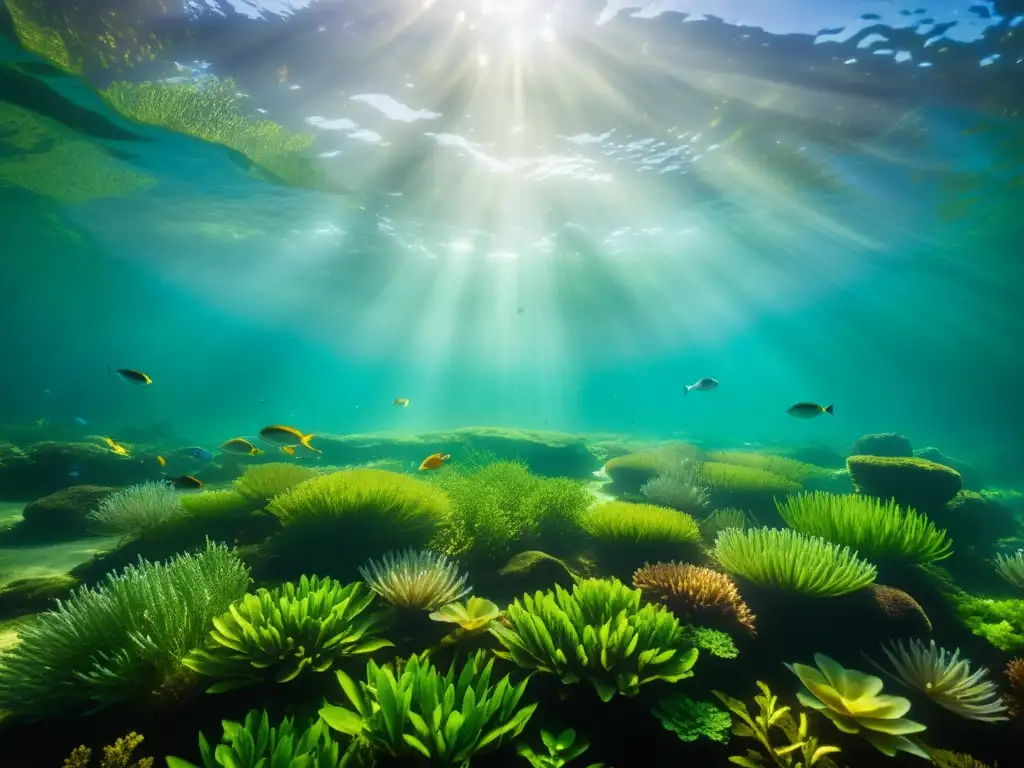 Un paisaje subacuático sereno, con plantas acuáticas, peces y luz solar filtrada