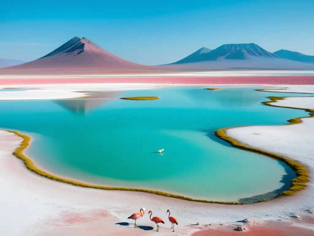 Un paisaje surrealista de un lago alcalino con biota, rodeado de salares blancos y flamencos rosados