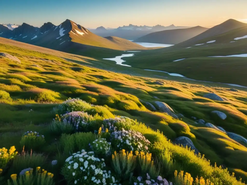 Un paisaje de la tundra en detalle, con vegetación delicada y hermosa bajo la luz suave