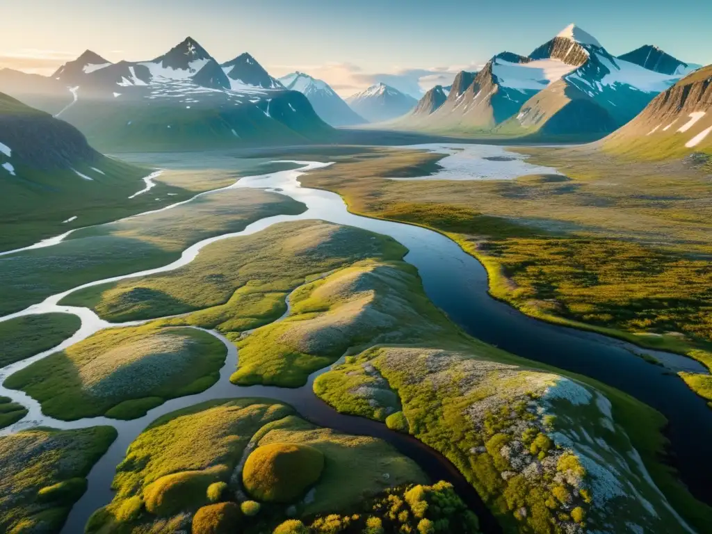 Un paisaje tundra de 8k con montañas nevadas, río serpenteante, flora y fauna únicas