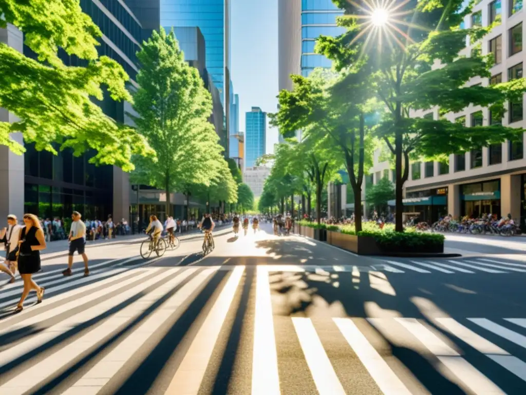 Un paisaje urbano bullicioso con árboles verdes vibrantes en las aceras, filtran la luz solar, creando una atmósfera pacífica y refrescante