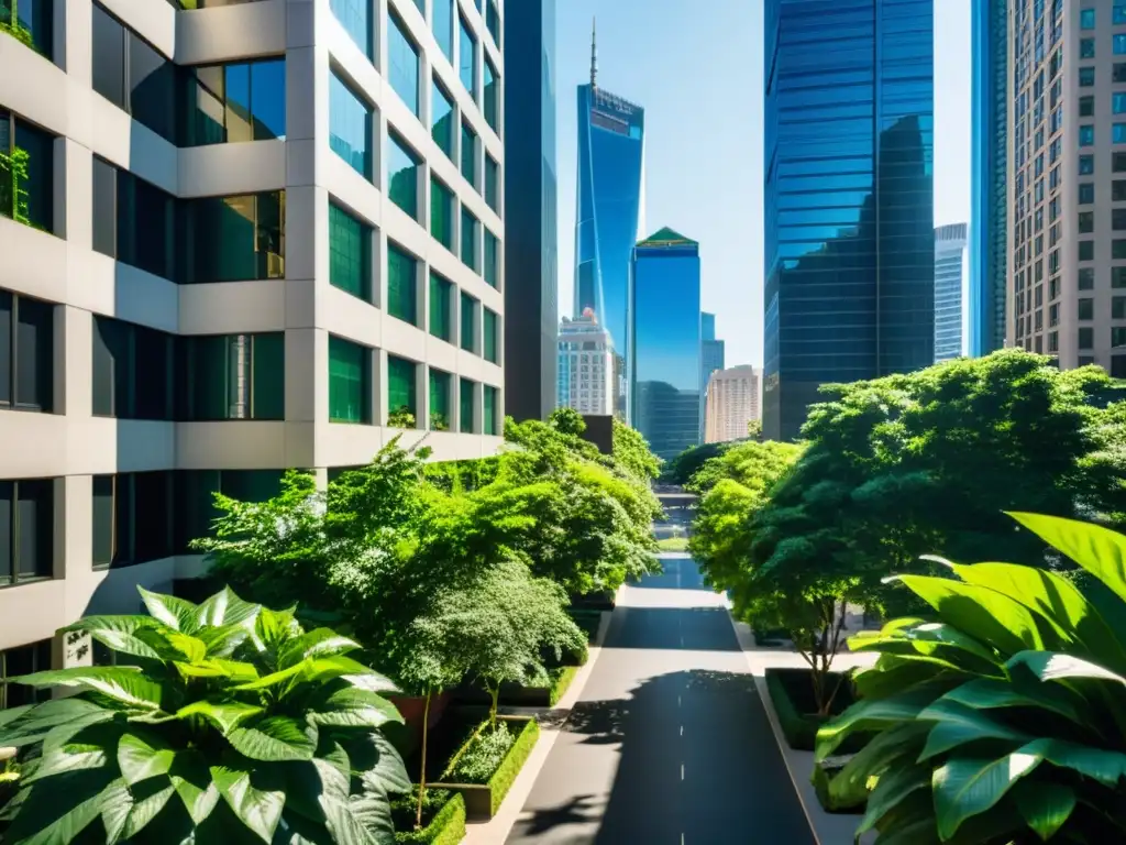 Un paisaje urbano bullicioso con rascacielos y vegetación exuberante