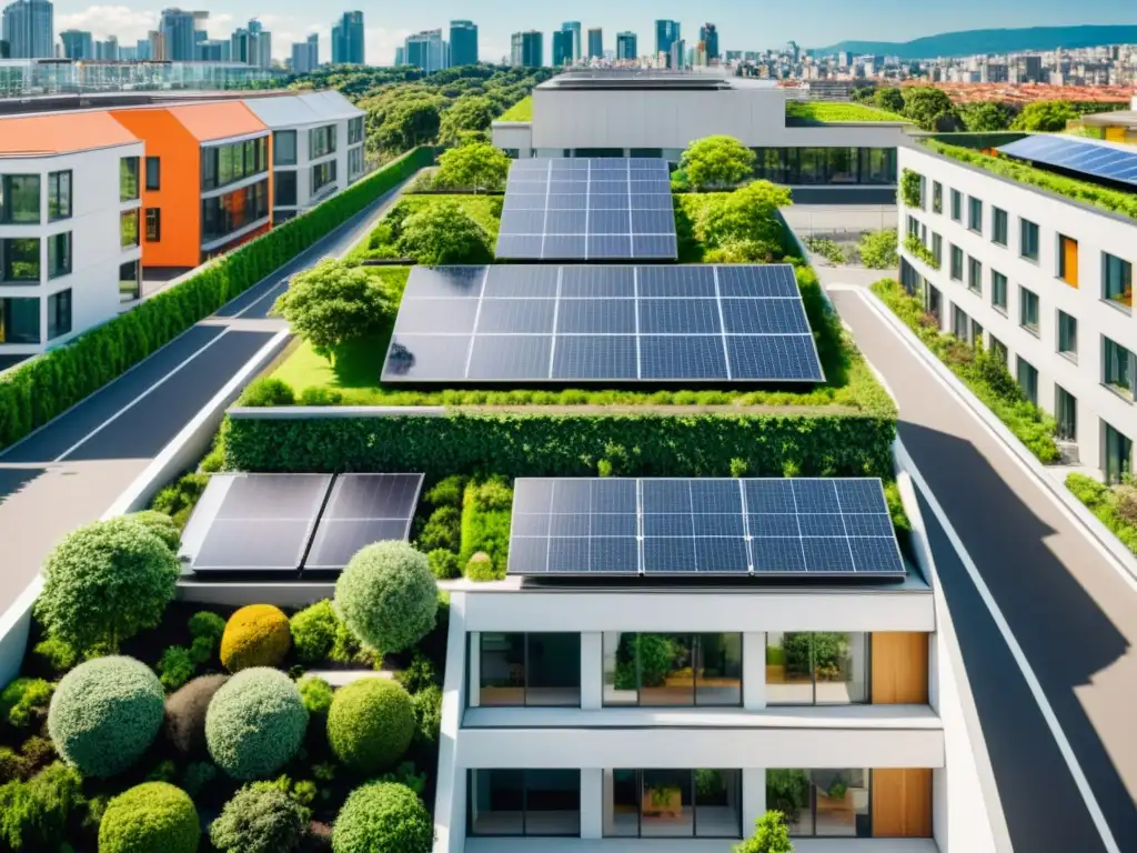 Un paisaje urbano moderno con un edificio verde cubierto de vegetación exuberante y paneles solares integrados