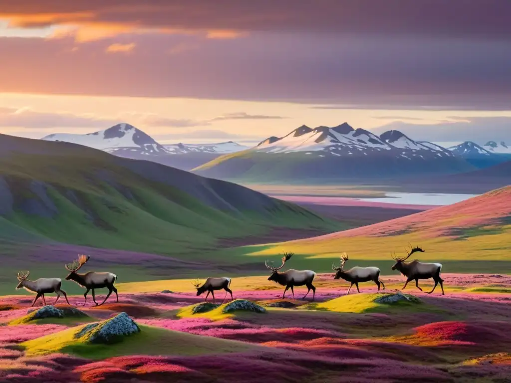 Un paisaje vasto y expansivo de la tundra, con colinas ondulantes cubiertas de un mosaico de musgos y líquenes verdes vibrantes