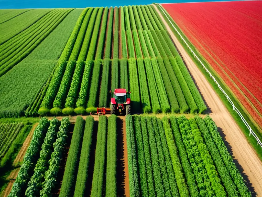 Un paisaje agrícola de vastos campos verdes con hileras de cultivos simétricos