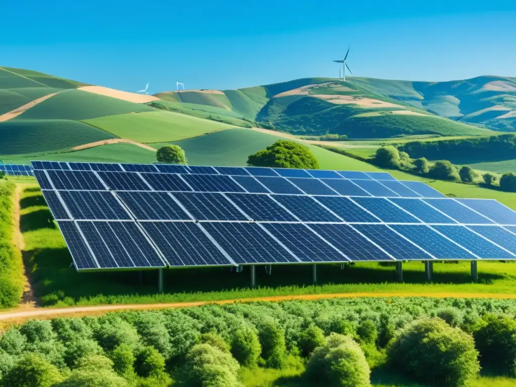 Armonía renovable: paisaje verde con paneles solares y turbinas eólicas Un paisaje verde con paneles solares integrados en armonía, ejemplificando la integración de energía renovable en ecosistemas