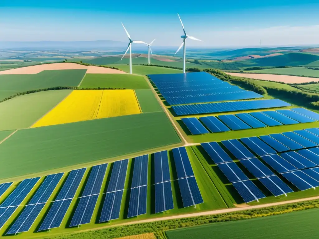 Un paisaje verde vibrante con paneles solares y molinos eólicos