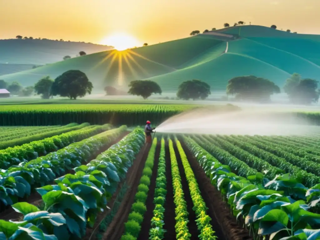 Un paisaje agrícola vibrante y exuberante, con un agricultor rociando pesticidas mientras la vida silvestre coexiste armoniosamente