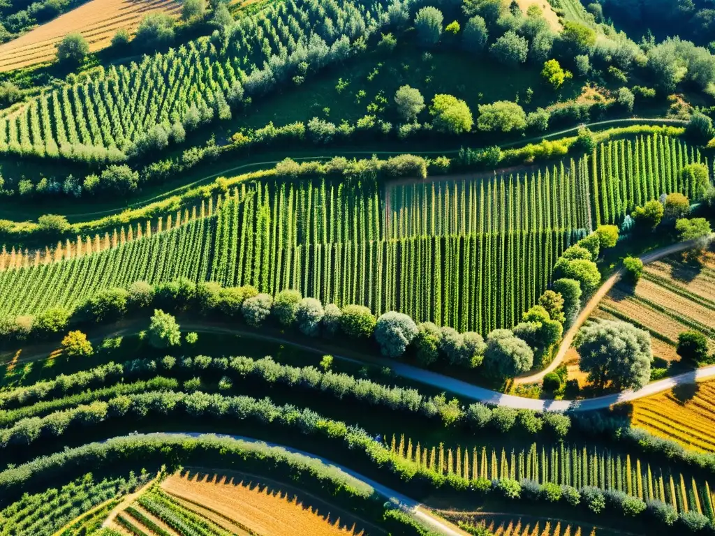 Un paisaje vibrante del Mediterráneo que modela ecosistemas clima Mediterráneo con viñedos, olivares, granjas y ríos serpenteantes