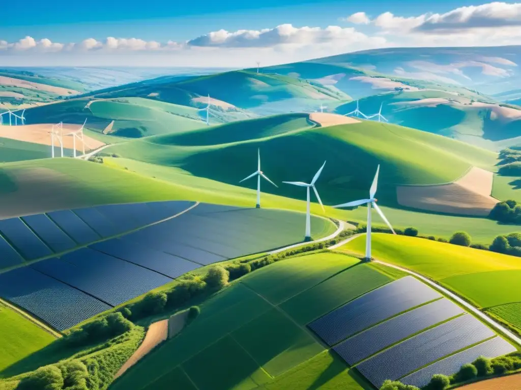 Un paisaje vibrante y soleado de colinas verdes y valles, con molinos de viento y paneles solares