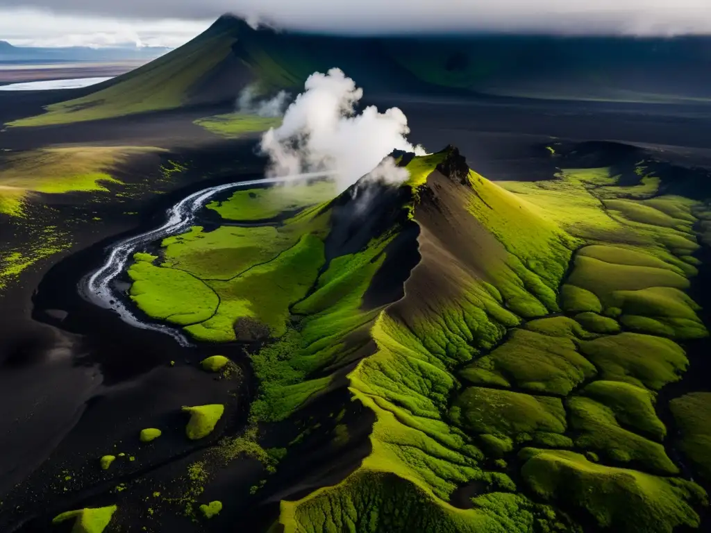 Paisaje volcánico en Islandia con rocas cubiertas de musgo, picos nevados y actividad geotérmica, mostrando la belleza natural y diversidad geológica