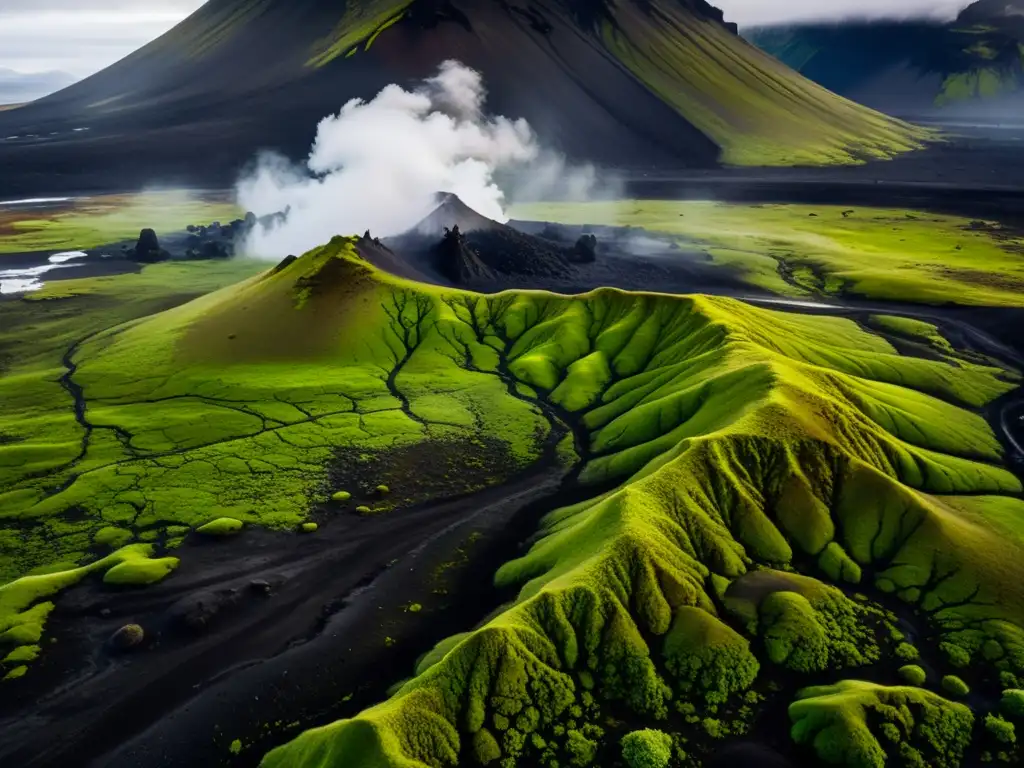 Un paisaje volcánico único en Islandia, con montañas escarpadas, campos de lava cubiertos de musgo y aguas termales