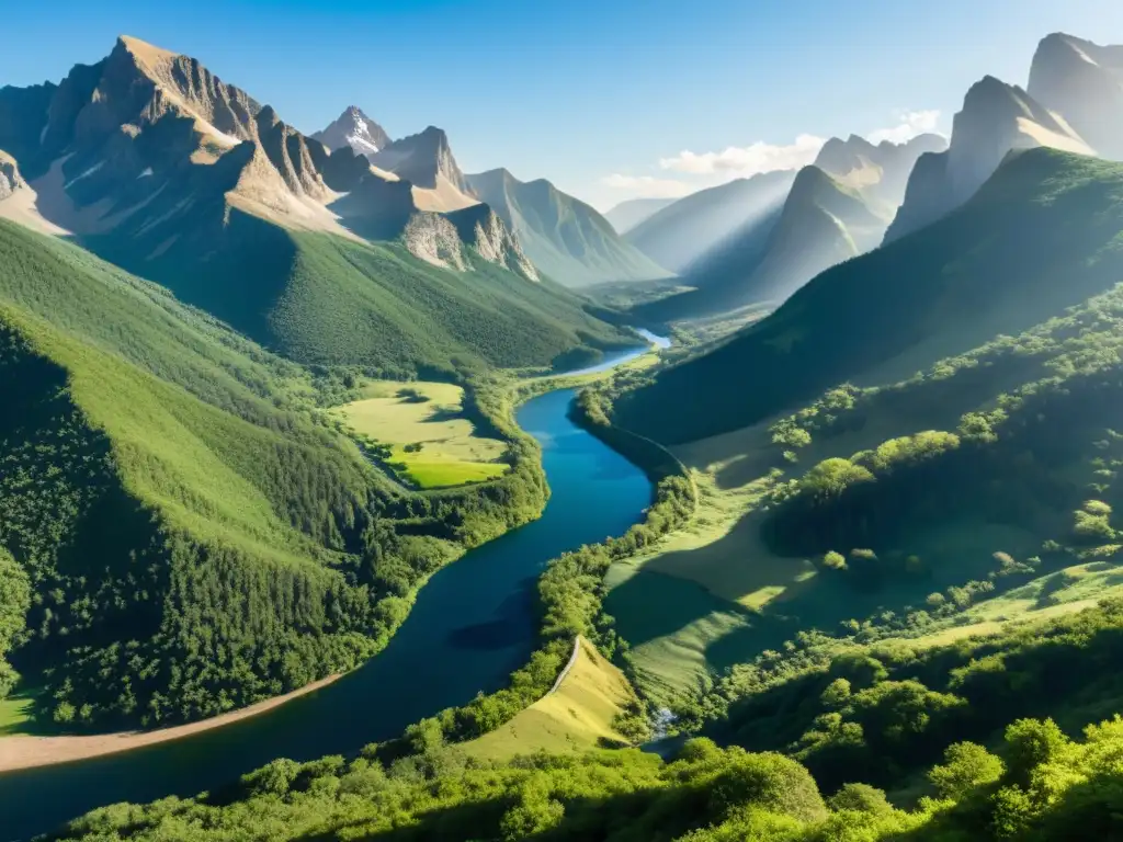 Paisajes sonoros amenazados, preservación de ecosistemas en un paisaje montañoso sereno y exuberante con ríos, picos y vegetación vibrante