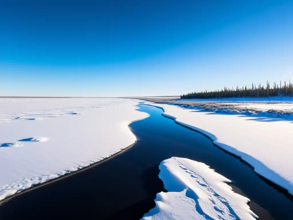 Paisajes sonoros tundra taiga: Amplia tundra nevada, con árboles y arroyo helado, bajo cielo azul y sol radiante