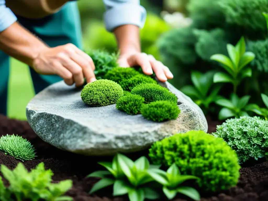 Un paisajista experto colocando una roca grande en un jardín exuberante