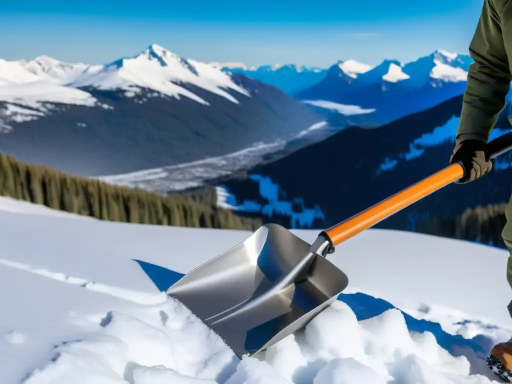 Una pala plegable para excursiones nevadas destaca contra montañas nevadas, resaltando su diseño ergonómico y funcionalidad