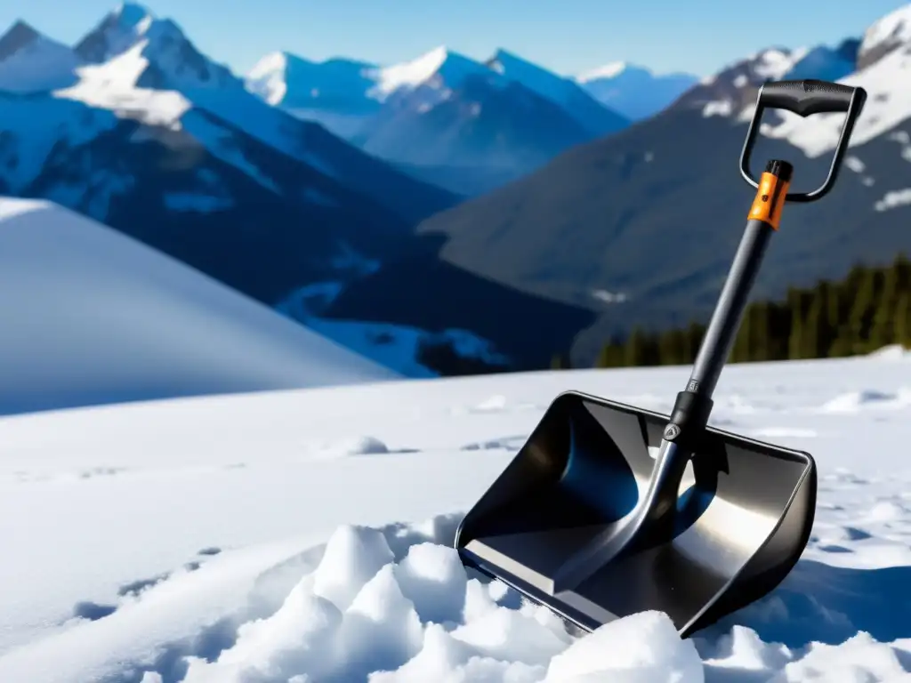 Una pala plegable para excursiones nevadas descansa en la nieve, con montañas nevadas al fondo