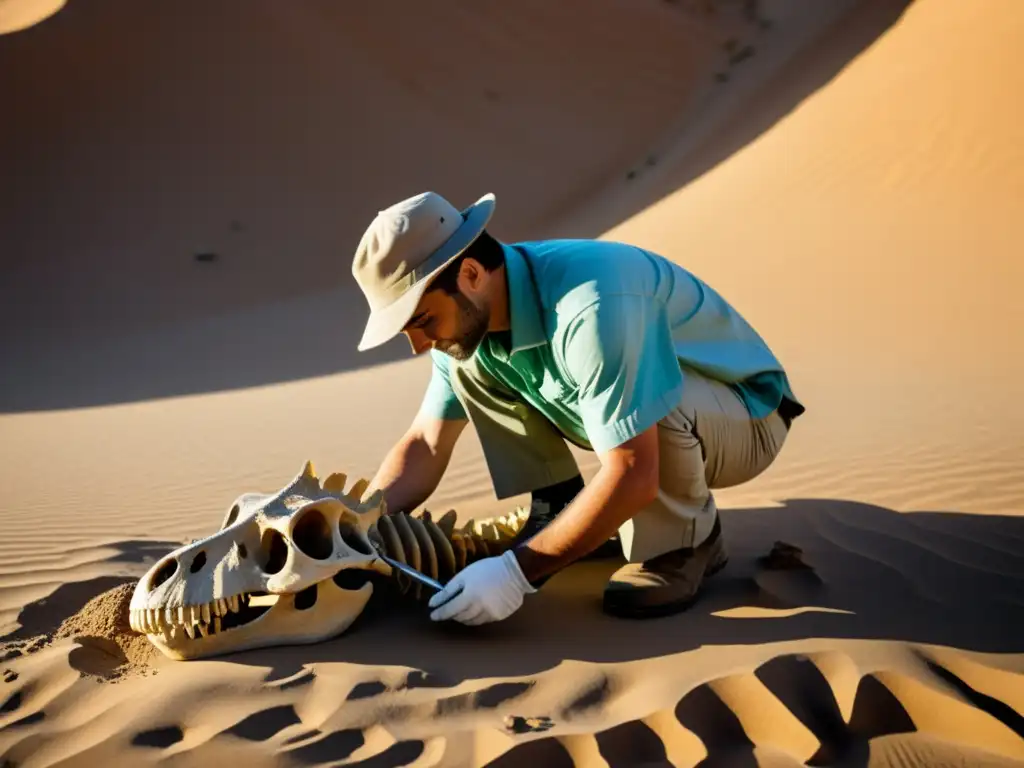 Un paleontólogo descubre un esqueleto de dinosaurio en un paisaje remoto, revelando los misterios de ecosistemas extintos