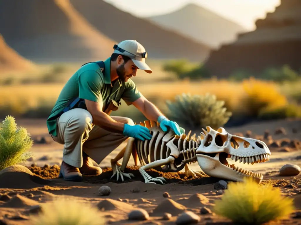 Un paleontólogo limpia con cuidado un fósil de dinosaurio en el campo, con el sol iluminando los huesos antiguos