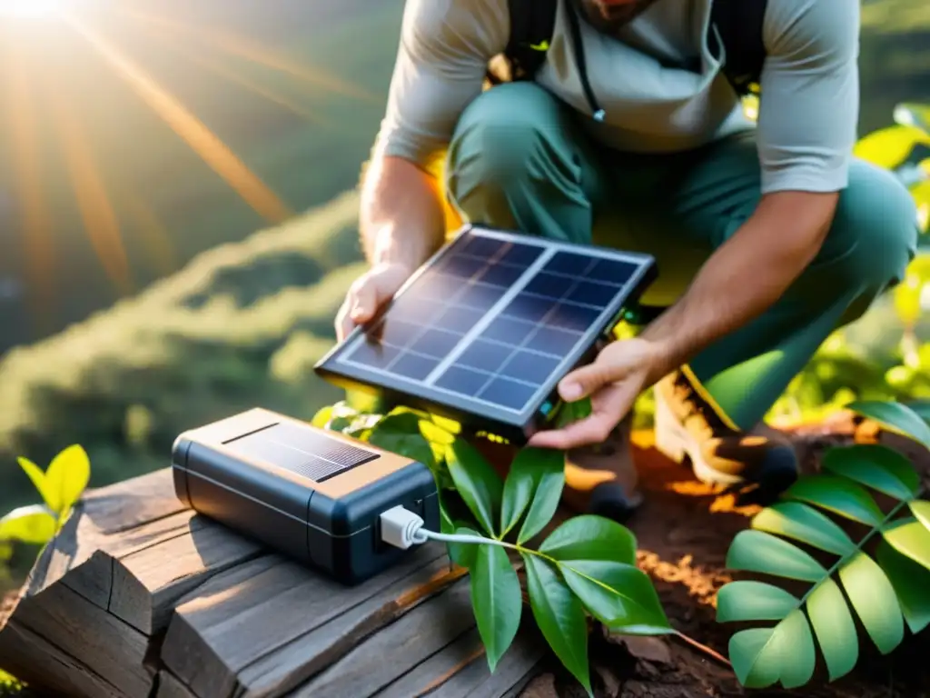 Conexión de panel solar a batería recargable en la naturaleza