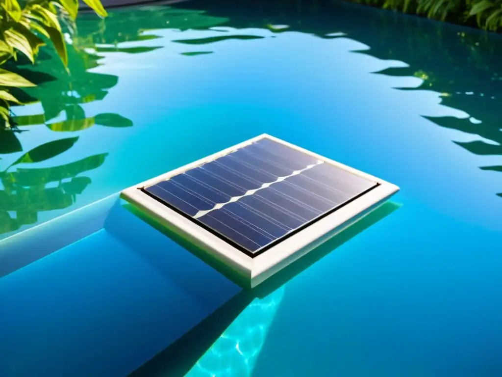 Un panel solar flotante para piscinas en un entorno sereno y eco-amigable con reflejos de luz sobre el agua