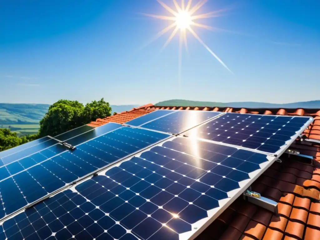 Un panel solar instalado en un techo, con el sol brillando detrás