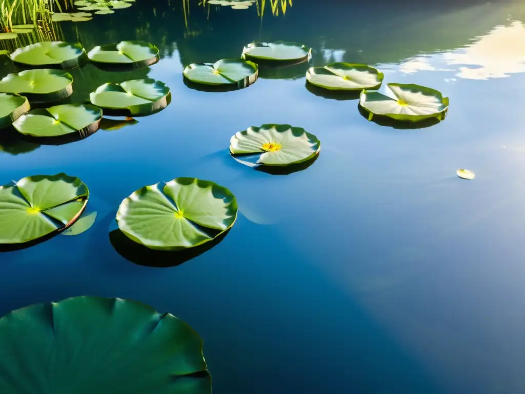 Paneles solares flotantes para piscinas en un estanque tranquilo, con lirios verdes y reflejos dorados, fusionando tecnología y naturaleza