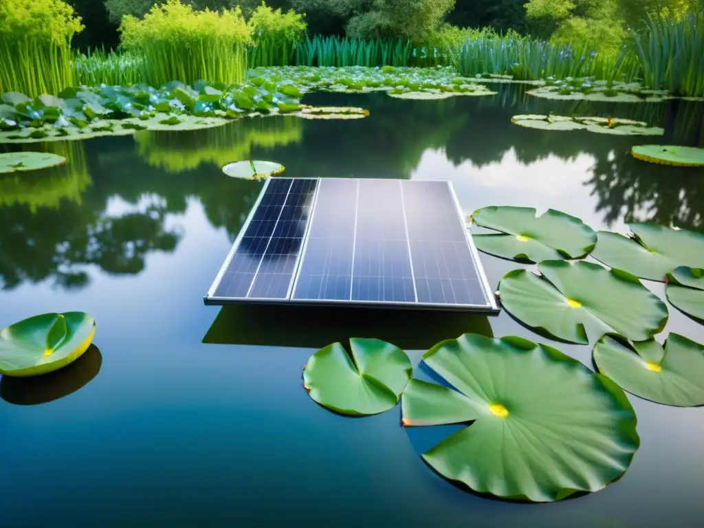 Paneles solares flotantes para piscinas en armonía con la naturaleza: reflejos en un estanque sereno, lirios y vida acuática