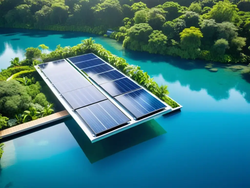 Paneles solares flotantes para piscinas integrados en una piscina azul brillante, rodeada de exuberante vegetación