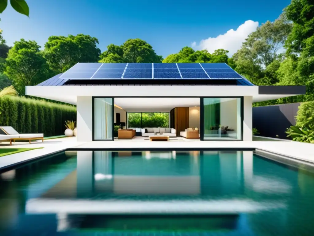 Paneles solares flotantes para piscinas en casa moderna con piscina y jardín, capturando la innovación y sostenibilidad