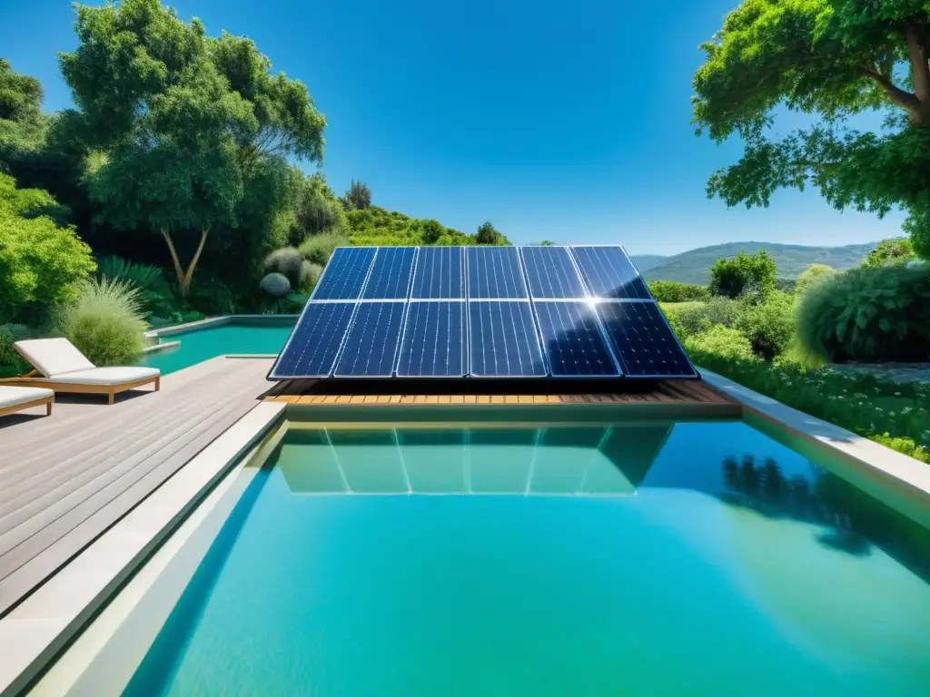 Paneles solares flotantes para piscinas: Imagen detallada en 8k de paneles solares sobre una piscina, reflejando el cielo azul y el entorno verde