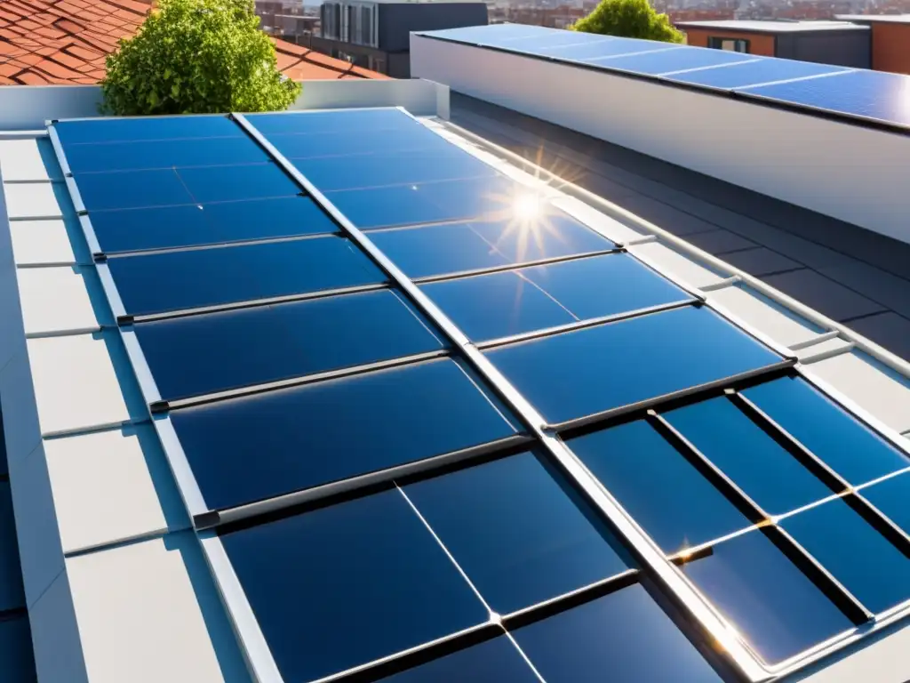 Paneles solares integrados en un moderno edificio urbano, captando la luz del sol